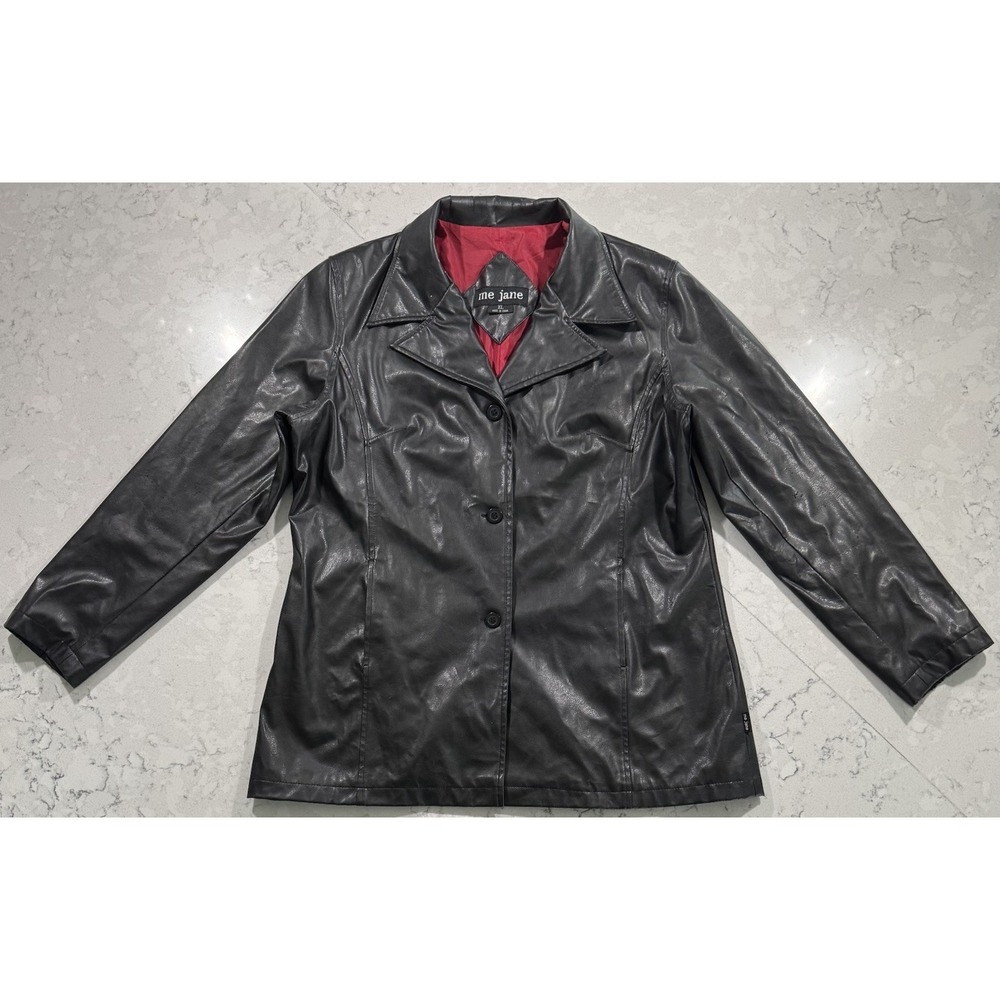 VTG Me Jane Blazer Jacket Womens XL Black Faux Leather Red Lining Grunge Y2K